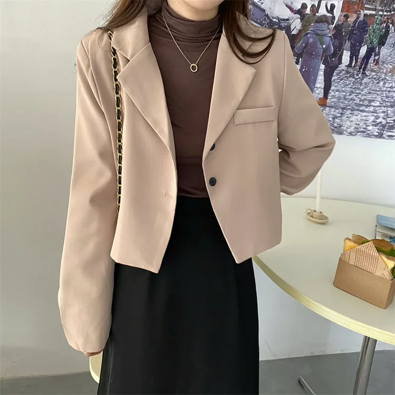 Blazers Women Cropped Solid Office-look Simple Spring Mujer Notched All-match Ulzzang Long Sleeve Basic Feminine Fall Clothing