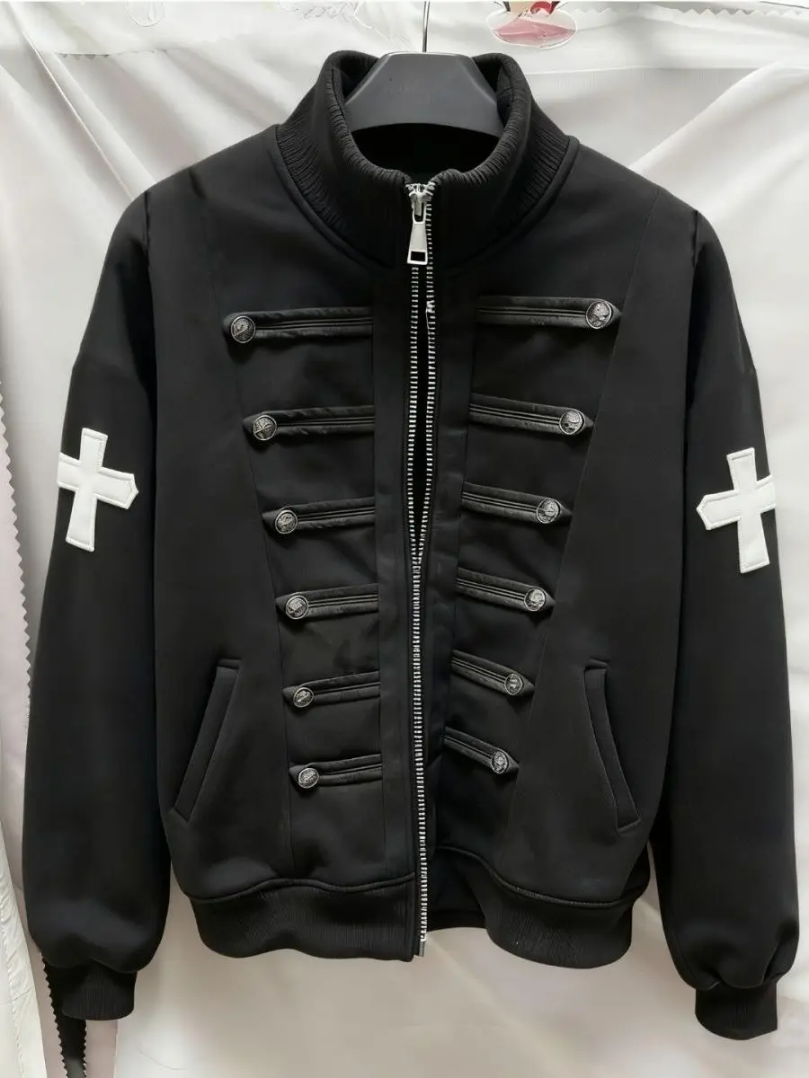 Retro Vintage Court Style Knight Cross Button Stand Collar Sweatshirt Short Outerwear Men's Standard Fit Long Sleeve Zipper