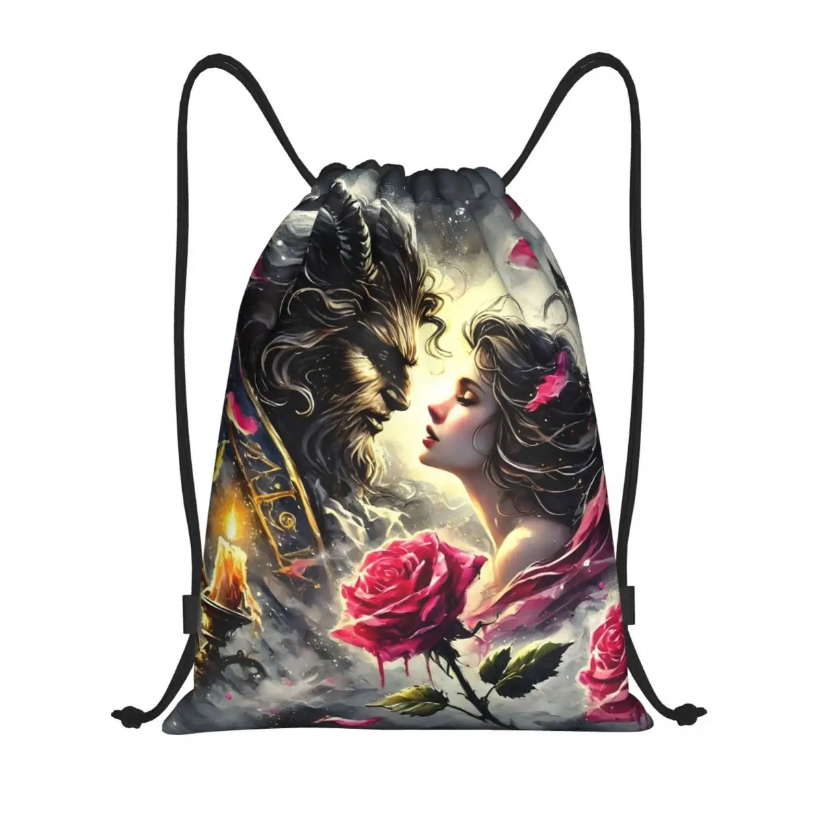 Mochila con cordón de Anime de La Bella y La Bestia de la película, mochila deportiva para gimnasio, bolsa de compras plegable con dibujos de fantasía romántica