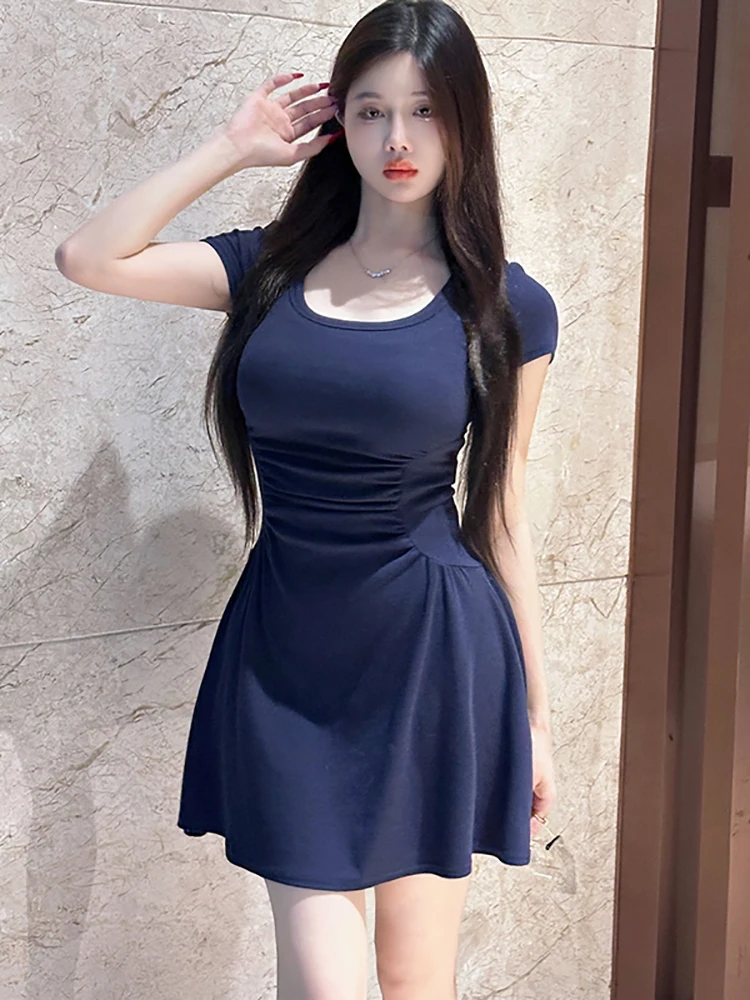 

Новинка 2024 года, синее вязаное плиссированное облегающее короткое платье трапециевидной формы, женское винтажное элегантное платье для выпускного вечера, летнее корейское праздничное цельное платье