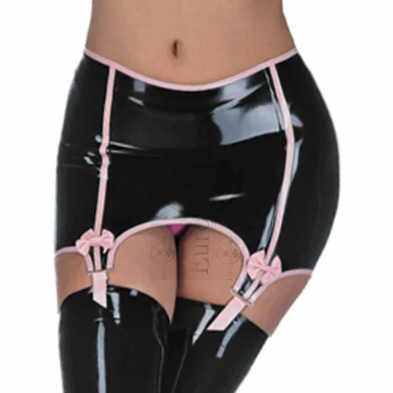 

Black And Pink Strips Sexy Rubber Latex Skirts With Bows Suspenders With Garters For Stockings cosplay