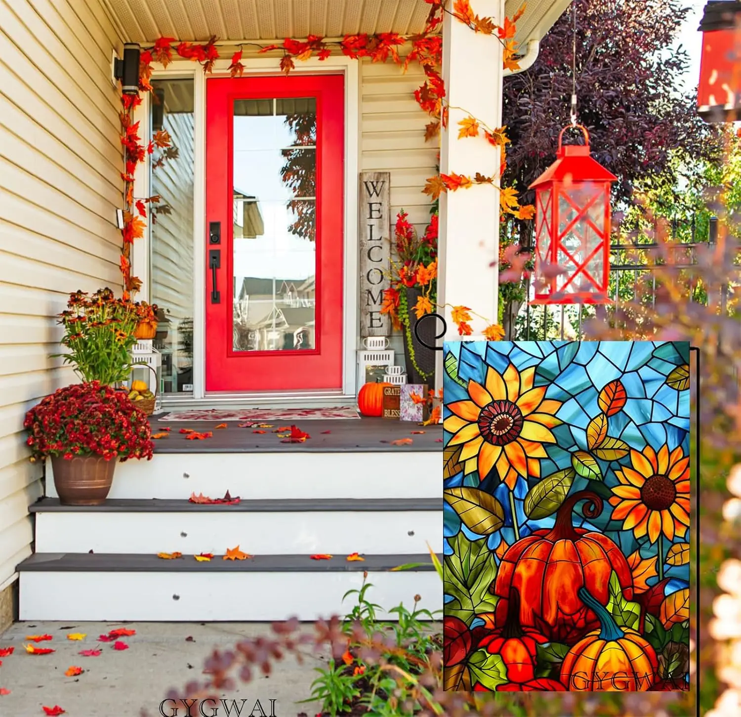 Fall Pumpkin Garden Flag Sunflower Autumn Yard Flag Stained Glass Thanksgiving Outdoor Flag 12x18 Double Sided Small Harvest GGO