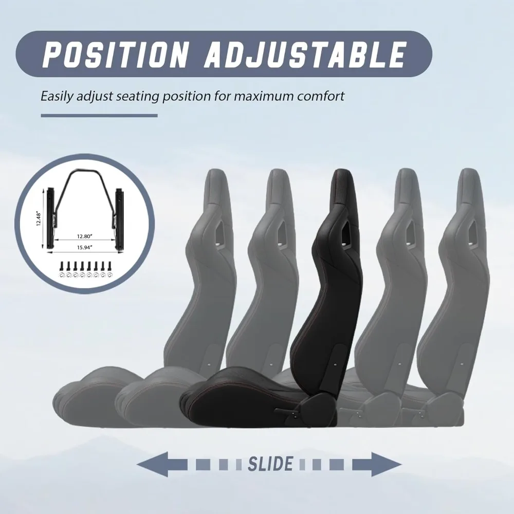 قطعتان من مقاعد السباق العالمية مع مزلقات بقفل مزدوج، زوج واحد من مقاعد الدلو المصنوعة من الجلد PVC للسيارات (أسود) #5