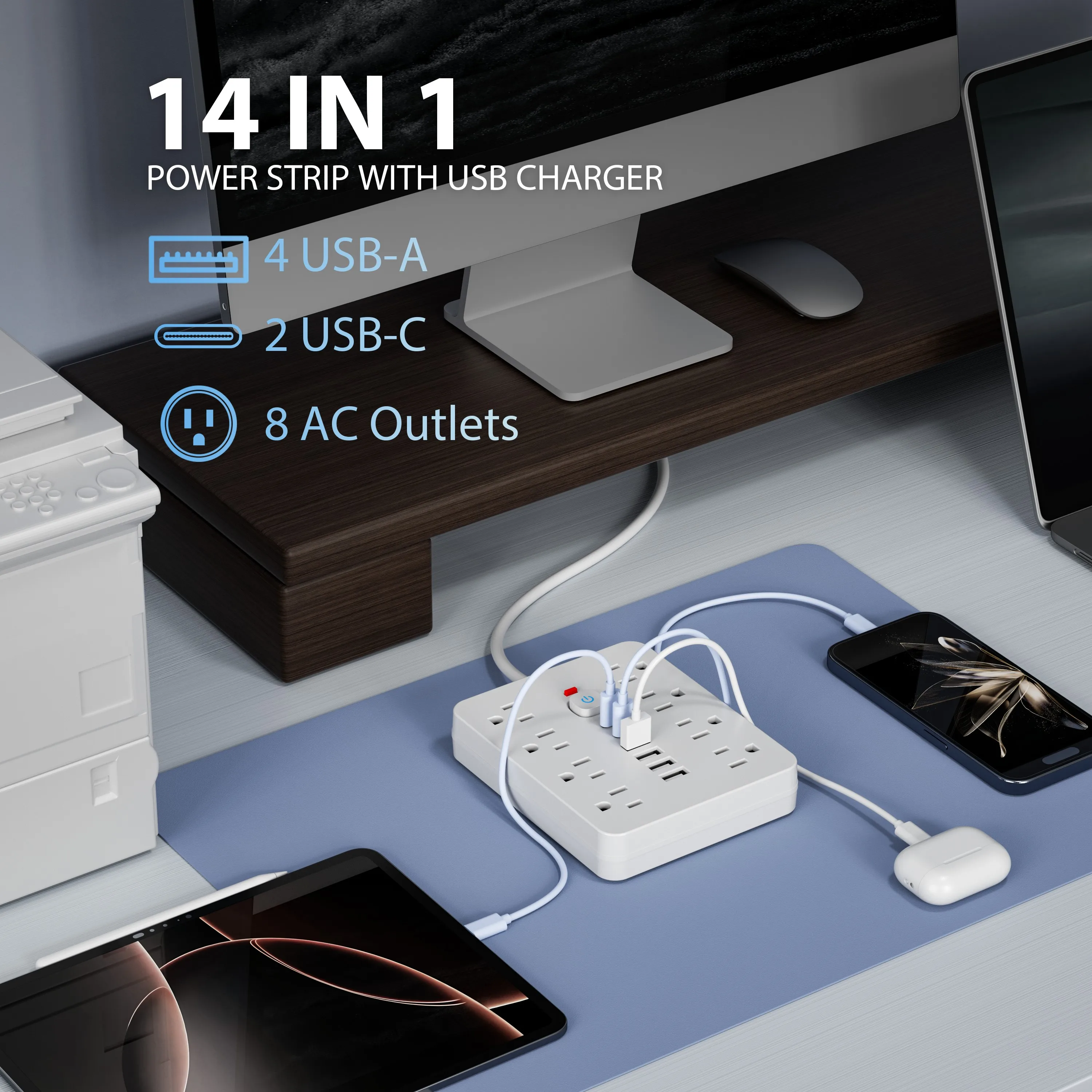 قطاع طاقة للحماية من زيادة التيار مع مفتاح - 8 منافذ تيار متردد و6 منافذ USB (بما في ذلك 2 USB-C) وسلك 5 أقدام/10 أقدام