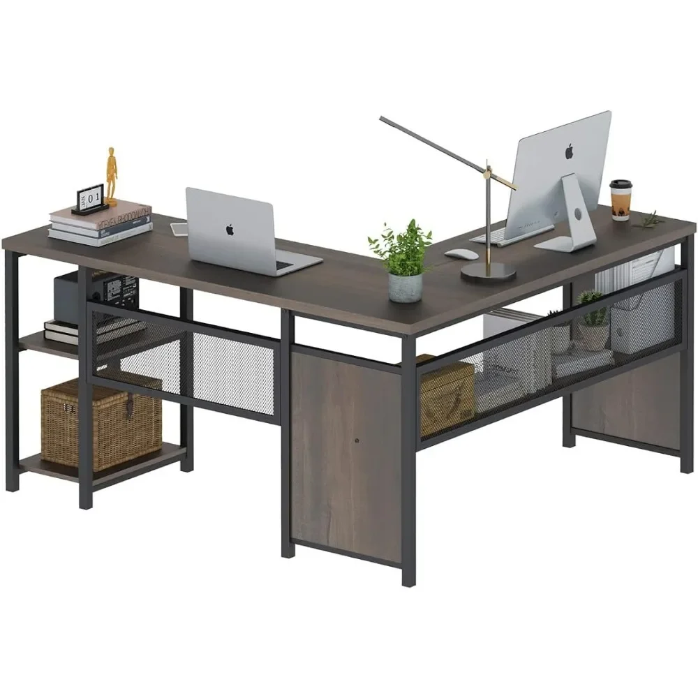 Office Desk Table Reversible Wood and Metal Corner Desk (Walnut Brown Furniture for Room 59 Inch) Laptop Table Bed Mesa Pc Gamer