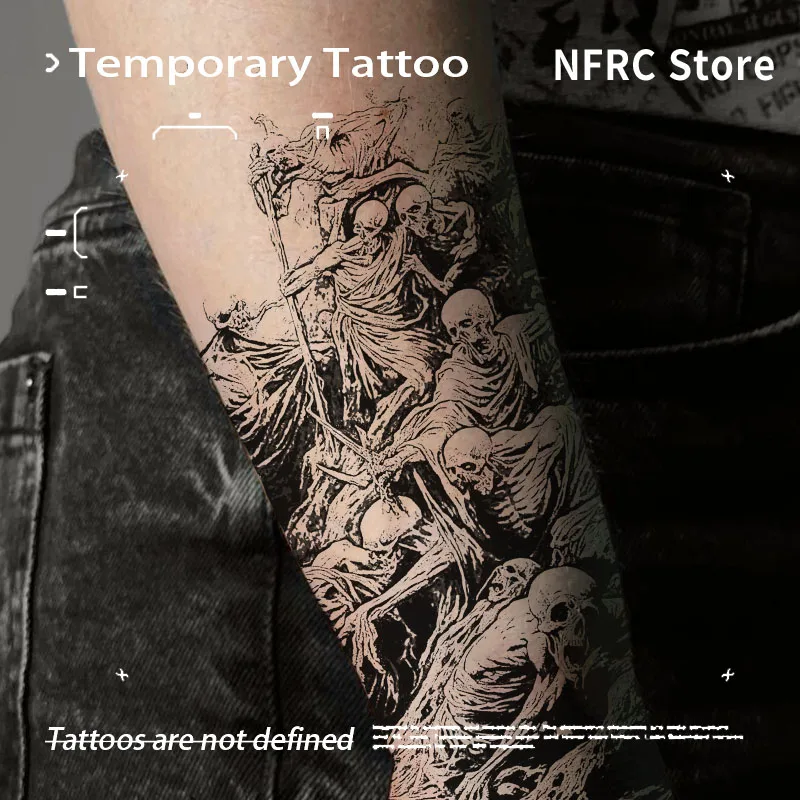 Detailed Reaper Skeleton Crowd Herbal Juice Tattoo Sticker Waterproof Fake Tattoo Unisex Forearm Dark Occult Punk Body Art Decal