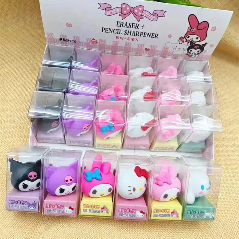 24/48pcs Sanrio Hello Kitty Melody Kuromi Cinnamoroll Silicone Mini Manual Pencil Sharpener Cartoon Single Hole School Supplies