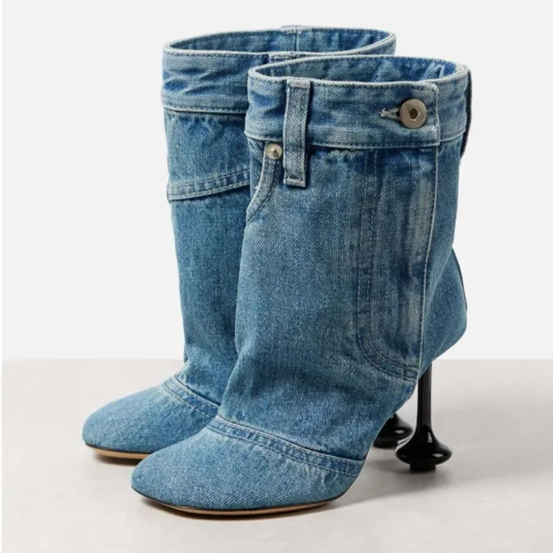 Spring Autumn New Irregular Heel Denim Skirt Edge Trouser Boots European American Women's Sewing High Heels Fashion Short Boots