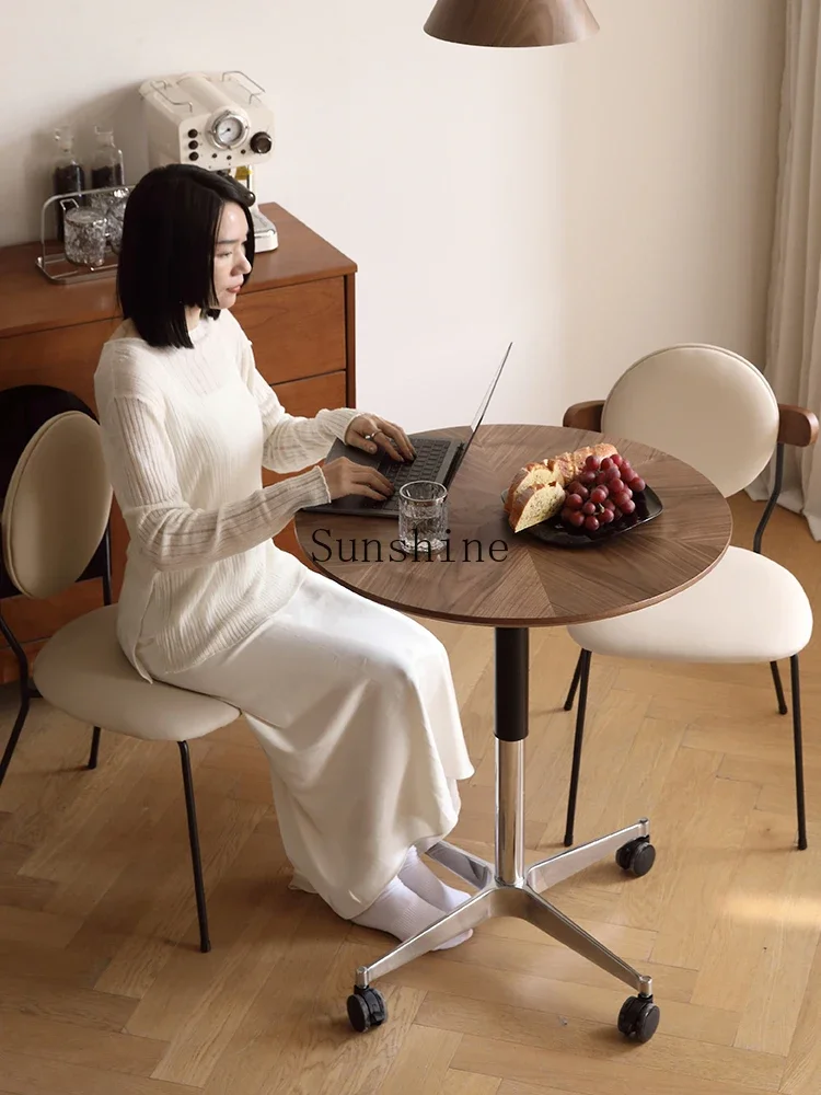 

Solid wood lifting small apartment with wheels household sofa side table movable round small side table FT