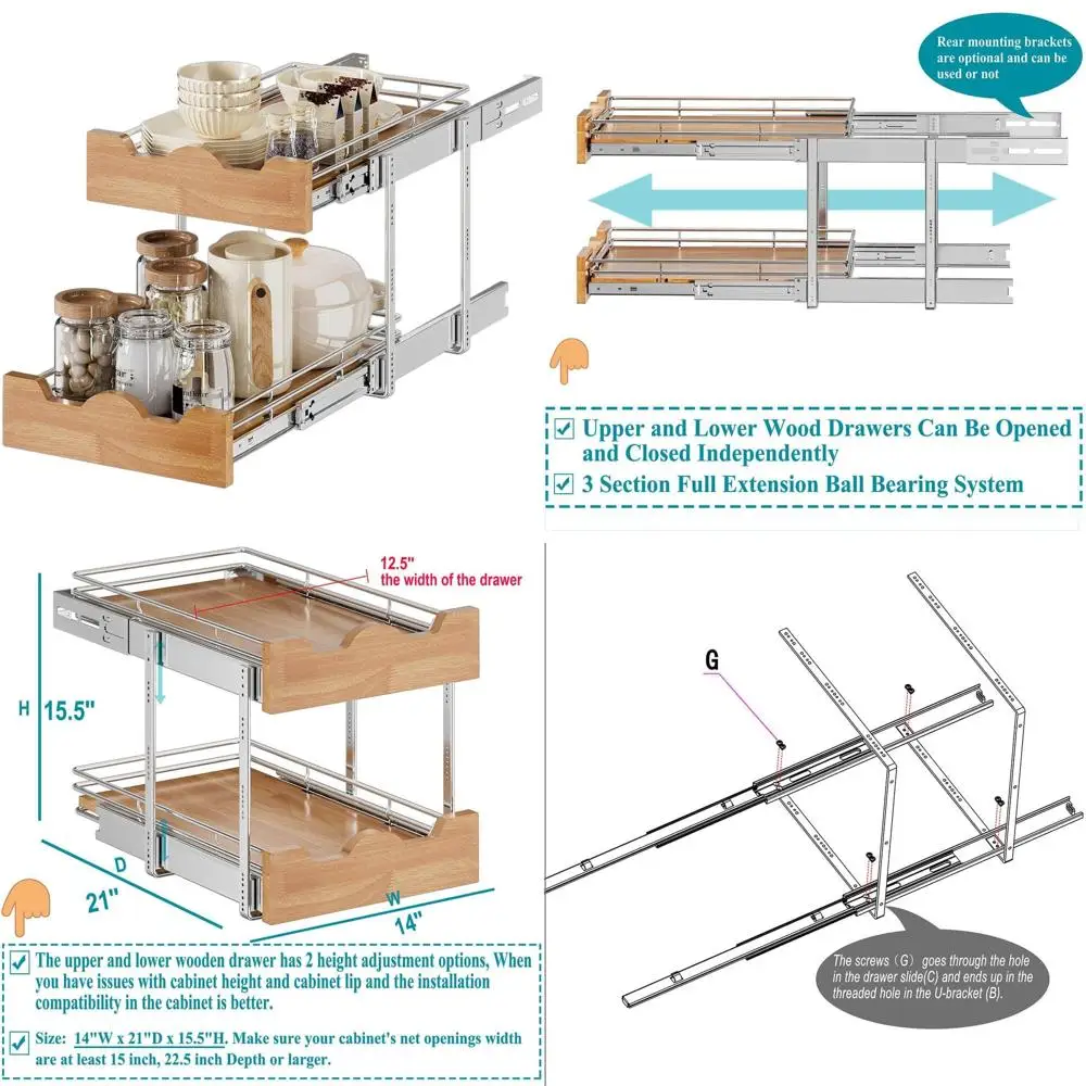 

14 Wide 21 Deep Double Tier Pull-Out Cabinet Organizer for Kitchen, Pantry, and Bathroom Storage