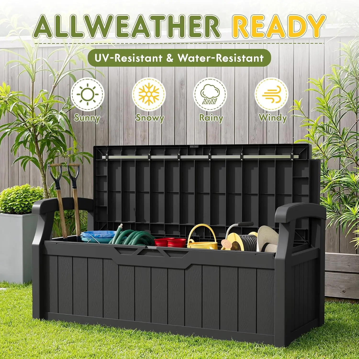 Indoor Outdoor Storage Box 80 Gallon, Large Waterproof Resin Deck Box Organizer Container With Armrest Bench Seating, Heavy Duty Weather Resistant Poolside Patio Garden Cushion Cabinet, Black view 6