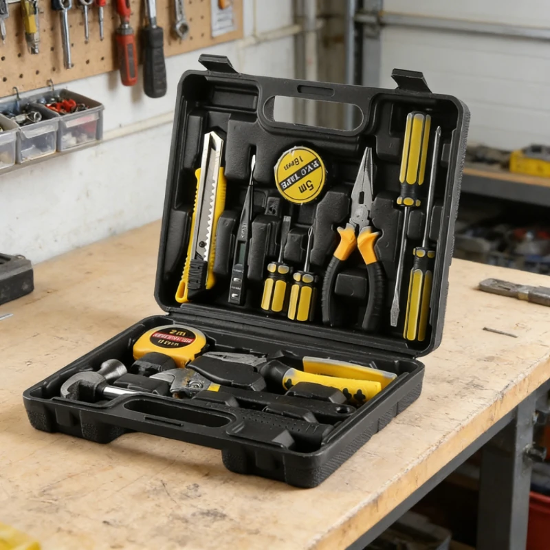 実用的な13点工具セット、家庭用ハンドツールキット、プラスチック製ツールボックス収納ケース付き、車修理や家の修理に使用