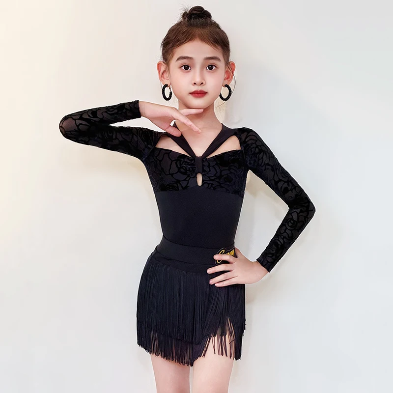 Vêtements latins pour filles, tenue de spectacle de danse noire, body à manches longues, jupe d'entraînement à franges, vêtements de danse Samba, nouvelle collection 2025 2162