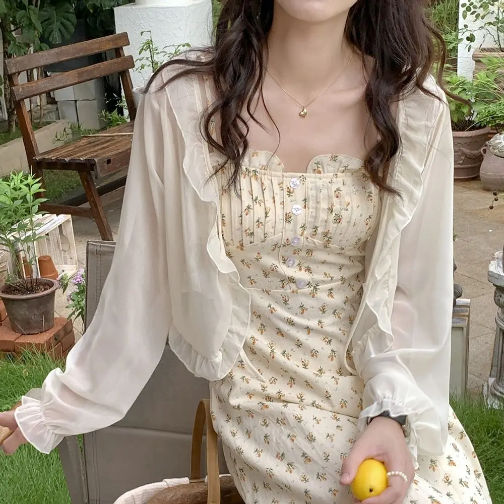 

Ruffle Scarves Summer Female Wraps Poncho Sun Protection Cape Lace Cardigan Korean Style Shawl Sunscreen Shawl Short Top Coat