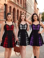 ROSEGAL Vestidos acampanados con cordones de talla grande para mujer, vestido informal con estampado de cuadros y bloques de color, con cordones y media cremallera, estilo patchwork