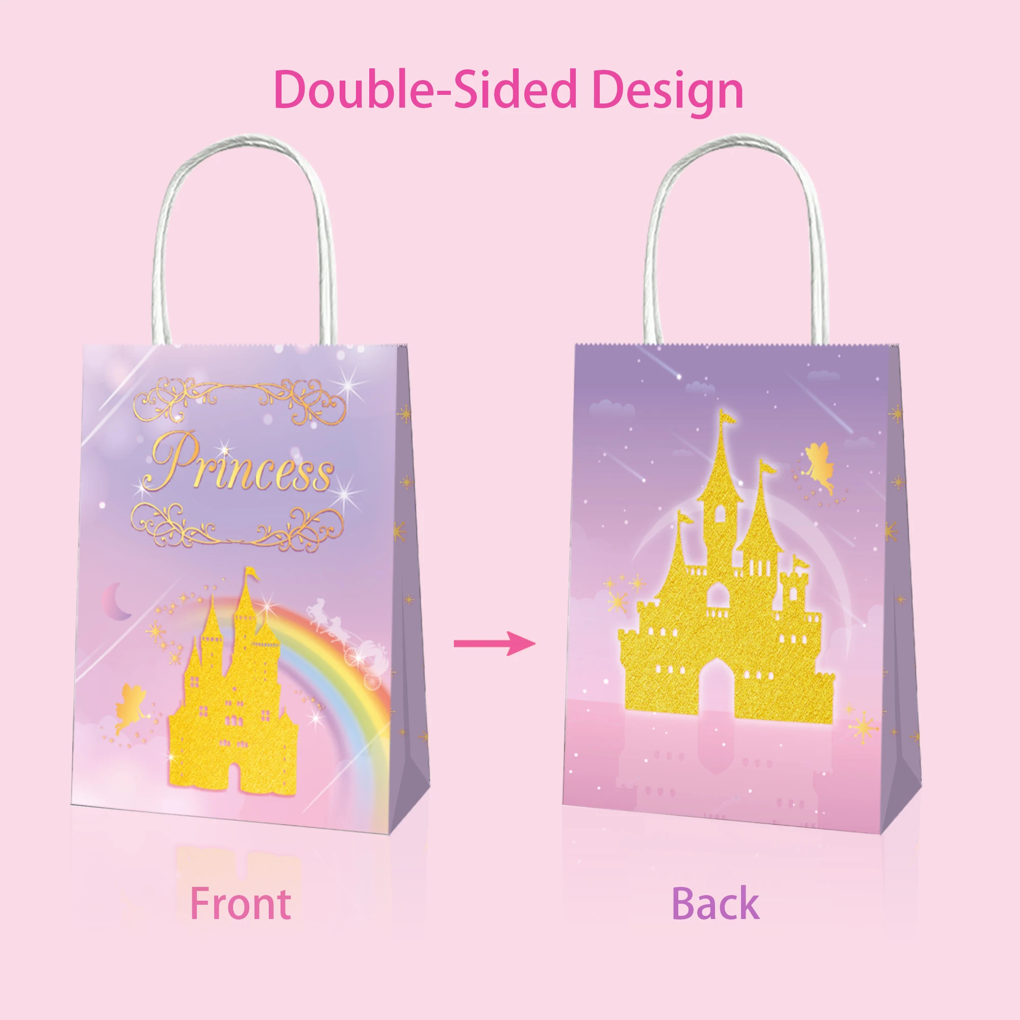 

BD062 12Pcs Sweet Girl Pink Princess Rainbow Birthday Party Portable Packing Tote Paper Gift Bags Baby Shower Party Decorations