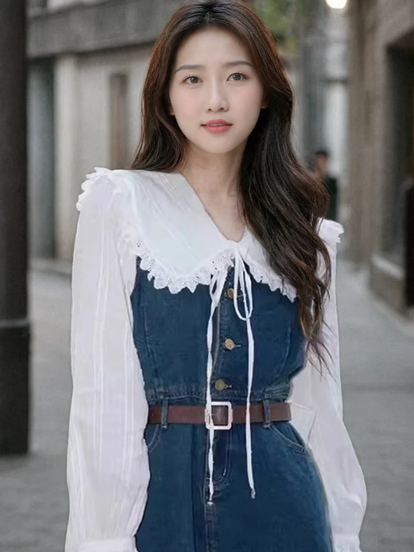 Frühjahr Weiß Irt Denim Overalls Puppe Kragen Zwei-Stück Set Koreanische Sle Alter-Defng frauen Dr Ensemble