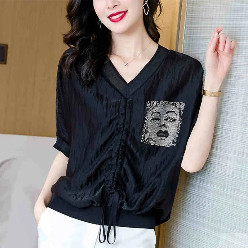 Chemisier imprimé visage pour femmes, mode coréenne, manches chauve-souris, ample, col en v, hauts ajourés, Design féminin, chemises à cordon de serrage, nouvelle collection été