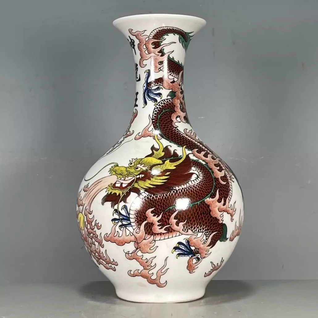 Jingdezhen Porcelain Ware Dragon Phoenix Vase Chinese Style Living Room Decoration Antique Shelf Powder Porcelain Vase Ornament