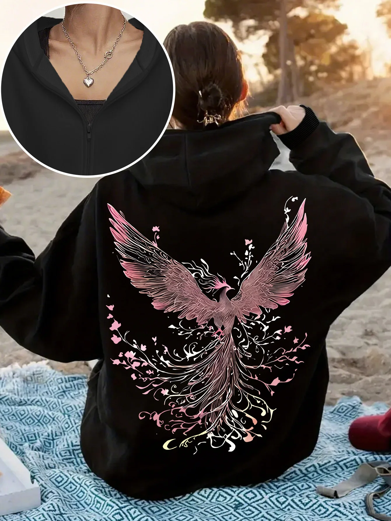 Phoenix Element Zipper Hooded Sweatshirt, Women's Autumn and Winter Fashionable Zipper Hooded Sweatshirt, Simple Yet Versatile
