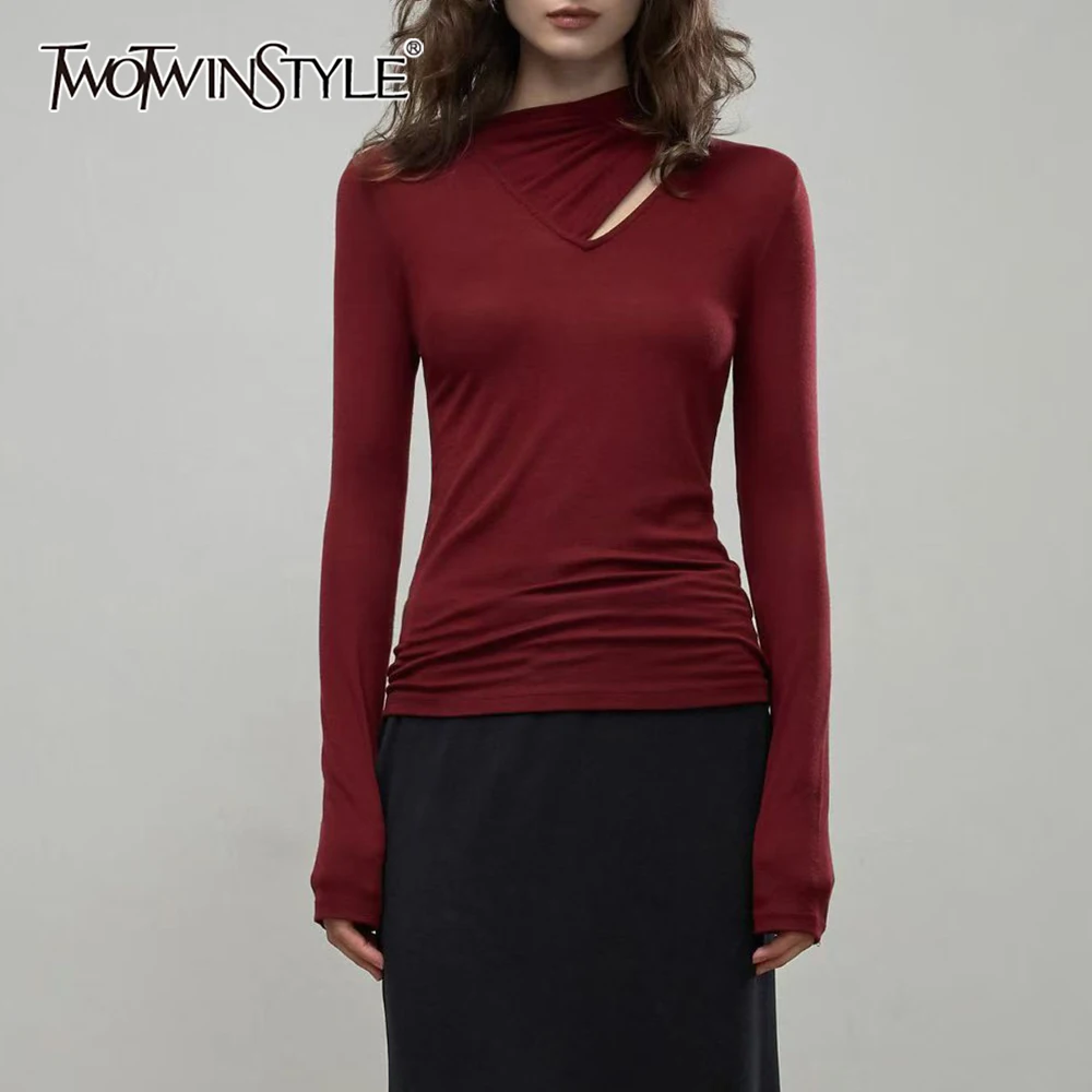 

TWOTWINSTYLE однотонная корейская футболка с круглым вырезом и длинным рукавом, утягивающий дизайн, женские футболки, осенняя мода