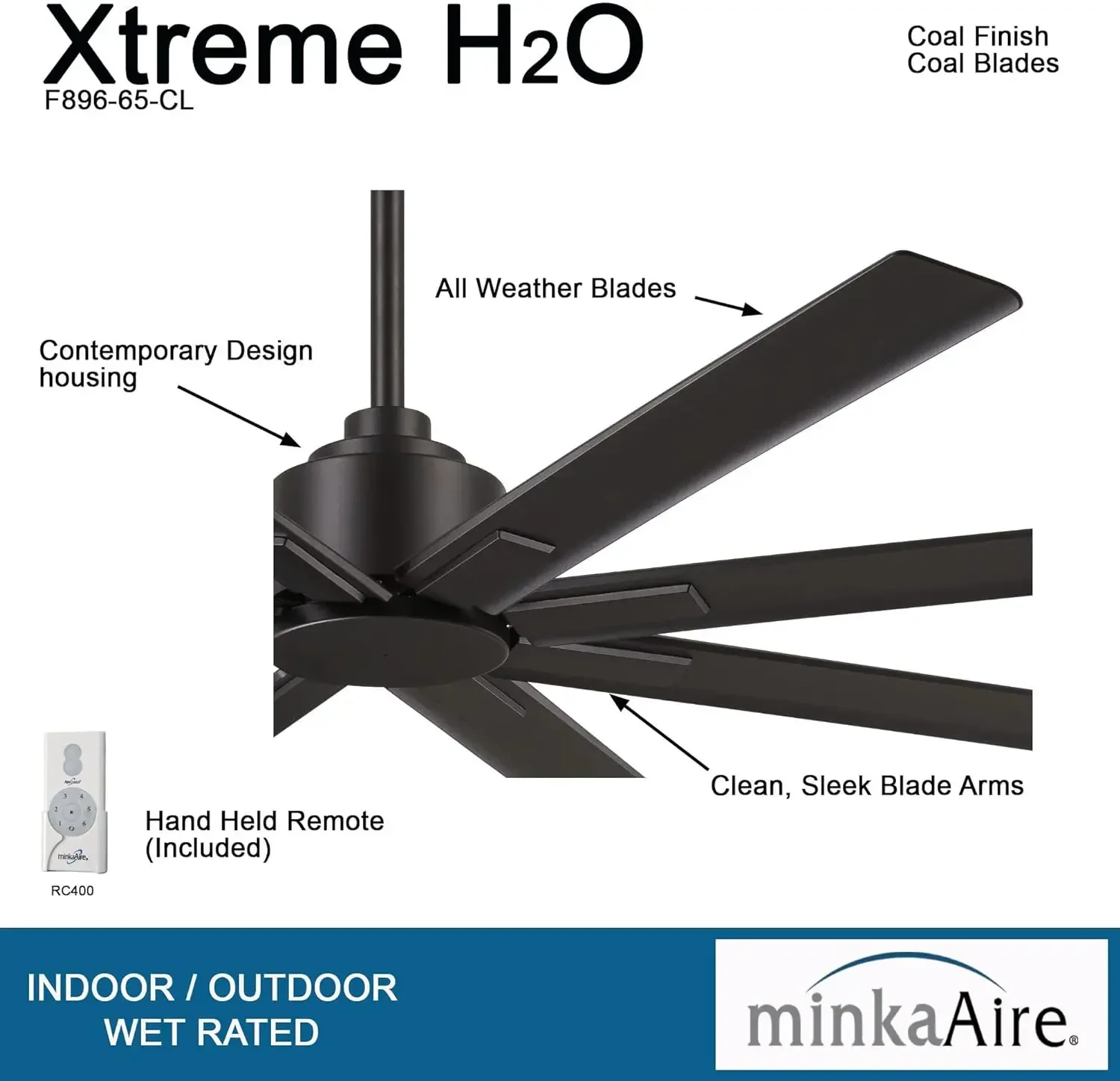 F896-65-CL Xtreme H2O 65 Inch Outdoor Ceiling Fan with DC Motor in Coal Finish