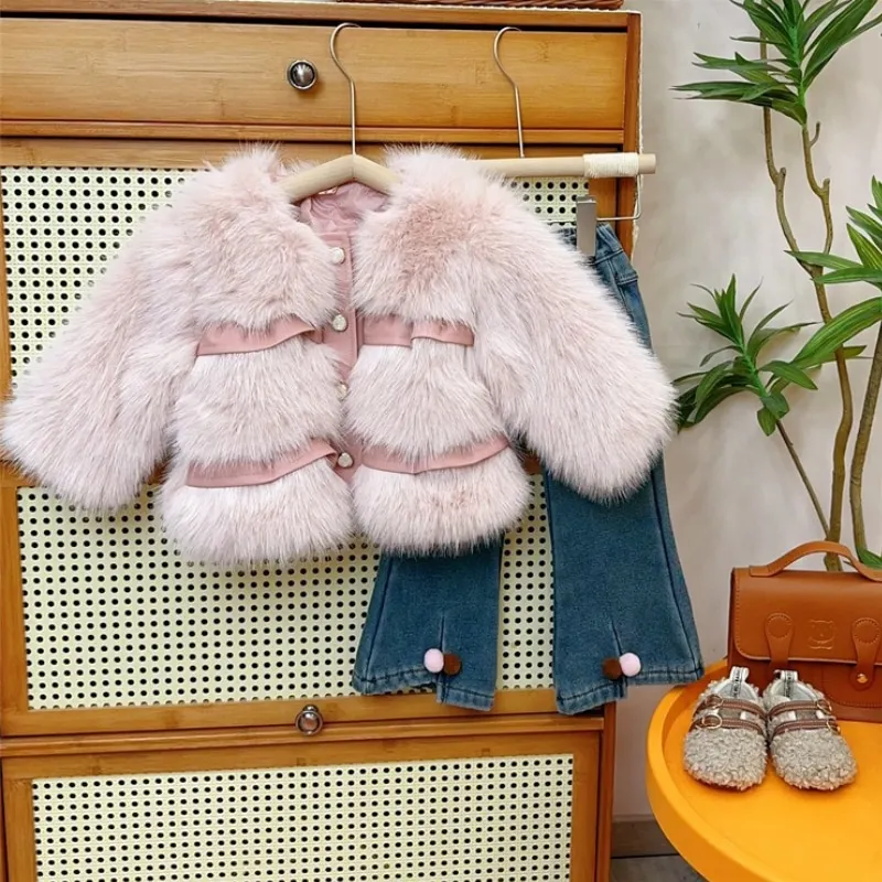 Baby Girl Princess Cotton Padded Fur Jacket Infant Toddler Child Winter Patchwork Coat Thick Warm Outerwear Baby Clothes 18M-10Y