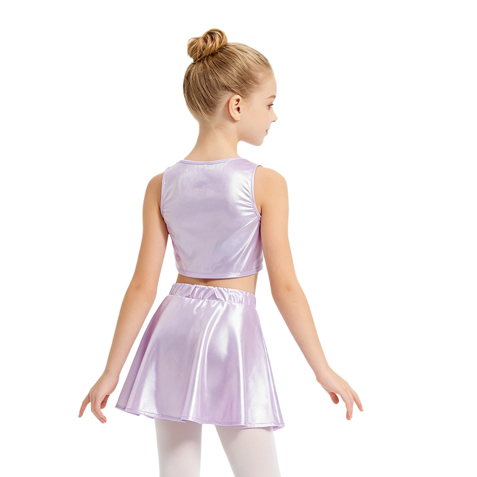 Kid Girls Metallic Glossy Jazz Hip Hop Dance Stage Outfit Sleeveless Shiny Crop Top Vest with Skirt for Cheerleading Performance