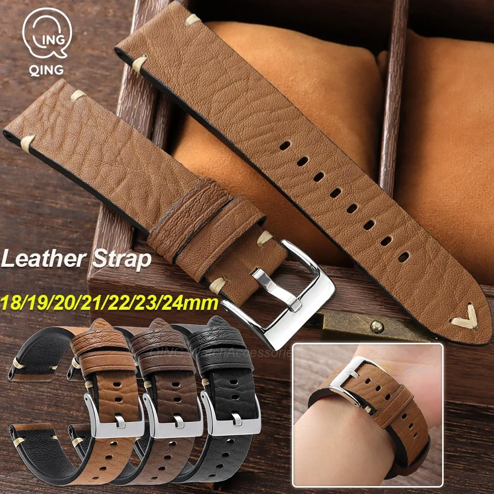 18/19/20/21/22/23/24mm Universal Leather Sport Watchband Brown Black Soft Men Vintage Cowhide Bracelet for Seiko Strap Accessory