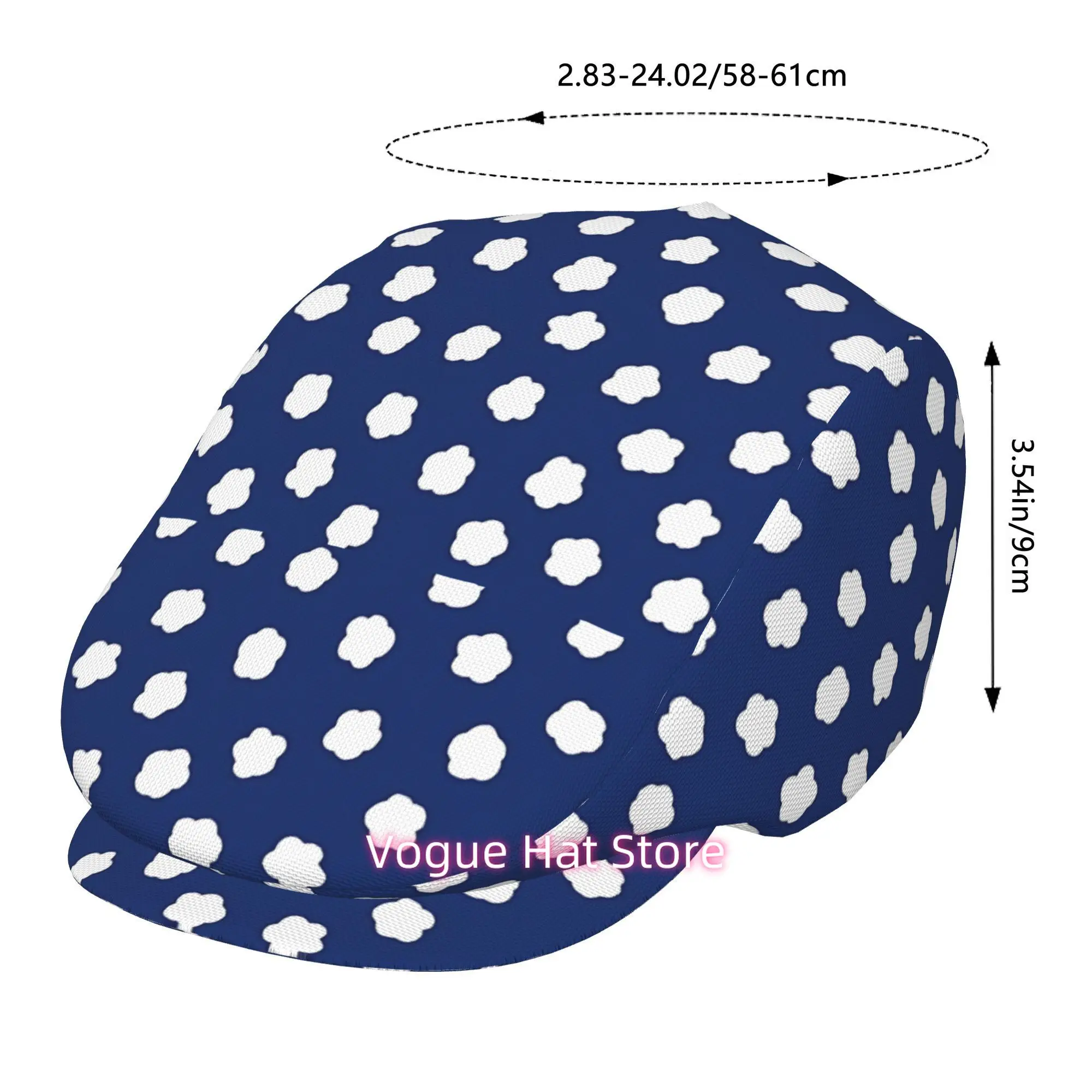 2D Flat - 1pc Deep Blue Background with White Easy Pen Flowers for All-Over Printed Beret, Retro Newsboy Cap, Unisex, a Must-Hav