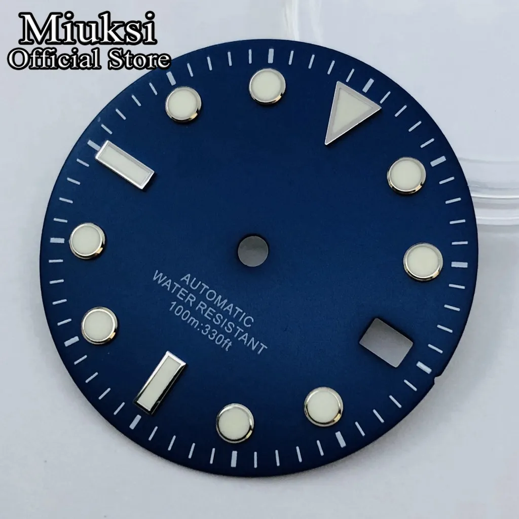 Miuksi 29mm black green blue watch dial green luminous fit NH35 movement