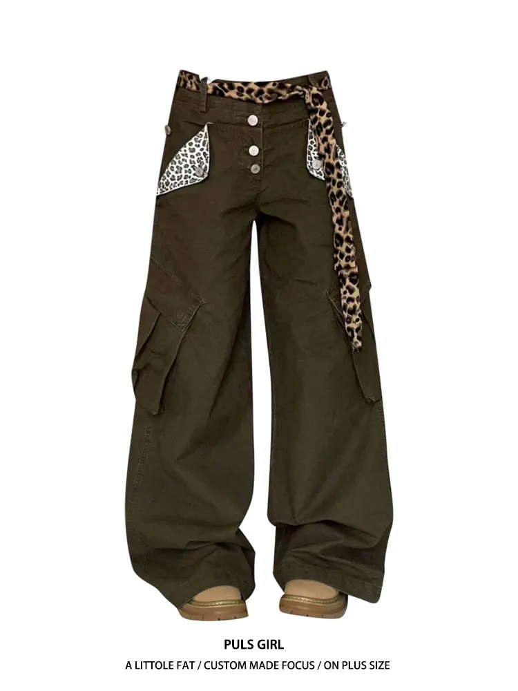 

plus Size American Retro Wide Leg Denim Pants Women Loose Workwear Trousers Patchwork Design Large Pocket Casual High Waist