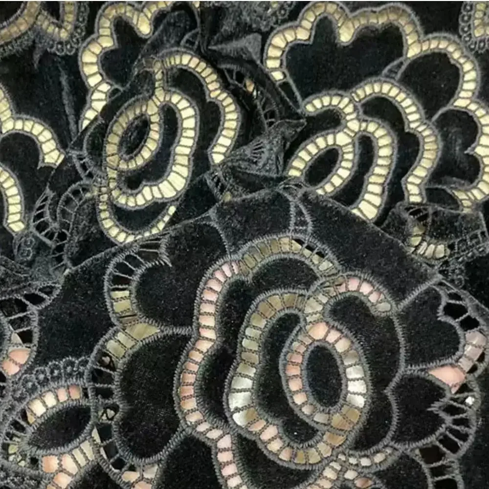 Latest rose Laser hollowing embroidered velvet fabric for women's dresses, children's dresses, and evening gown fabric