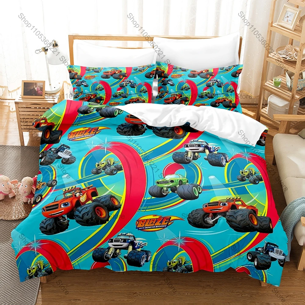 Blaze Monster Machines Theme Bedding Set 3 Pieces Kawaii Truck Print Quilt Cover Set Twin Full Queen King Size with Pillowcases