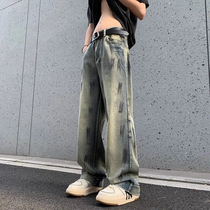 Men Washed Printed Denim Jeans Loose Wide Leg High Waist Casual Straight Denim Trousers