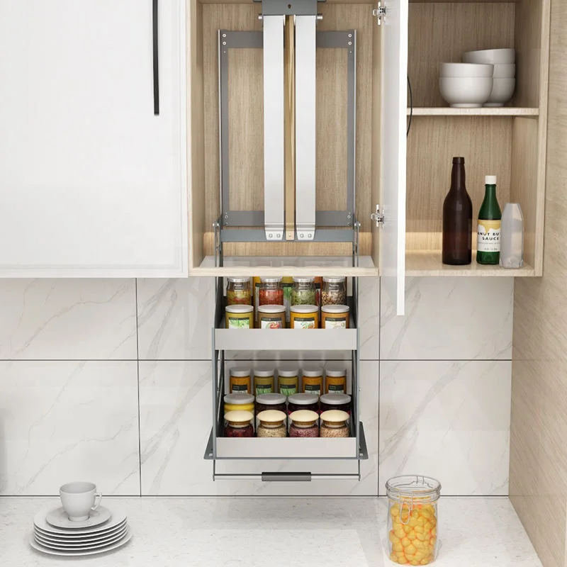 

Kitchen Hanging Cabinet Lifting Basket Double-layer Wall Cabinet Seasoning Basket Vertical up and Down Lift Cabinet Storage
