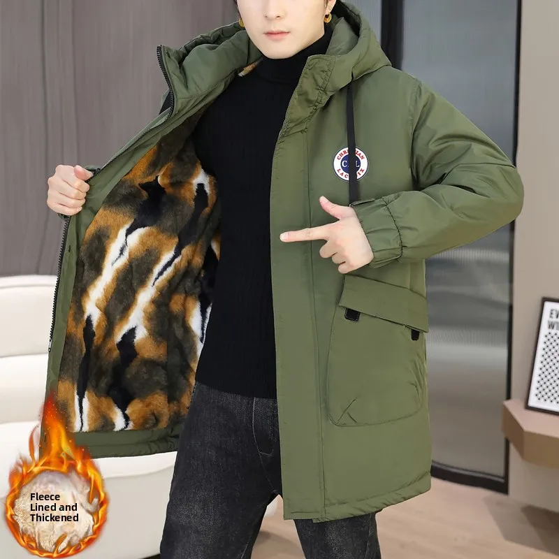 

Мужская зимняя парка средней длины с утепленной флисовой подкладкой, в корейском стиле, модная, теплая, молодежная, из полиэстера, для городского стиля