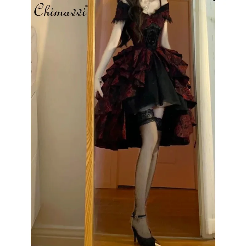 Gothic Lolita Black and Red Jacquard Wave Spring Summer New Heavy Light Luxury Off-shoulder Cosplay Fluffy Princess Dress yi;4