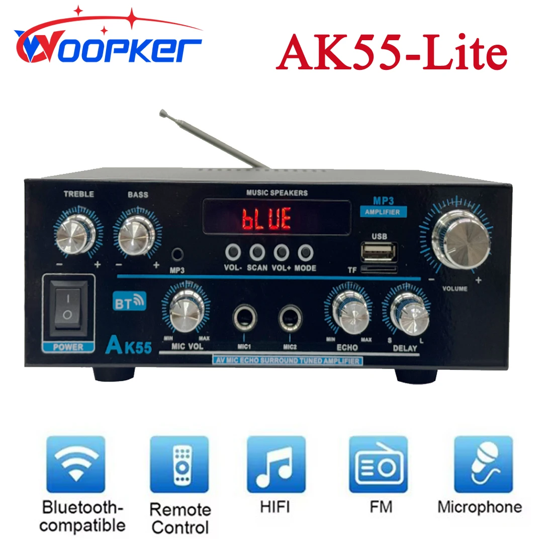 AK55-Lite Sound Amplifier Max Power 90Wx2 Channel 2.0Hifi Bluetooth 5.0 with FM USB Digital Power Amplifier for Home Car Karaoke