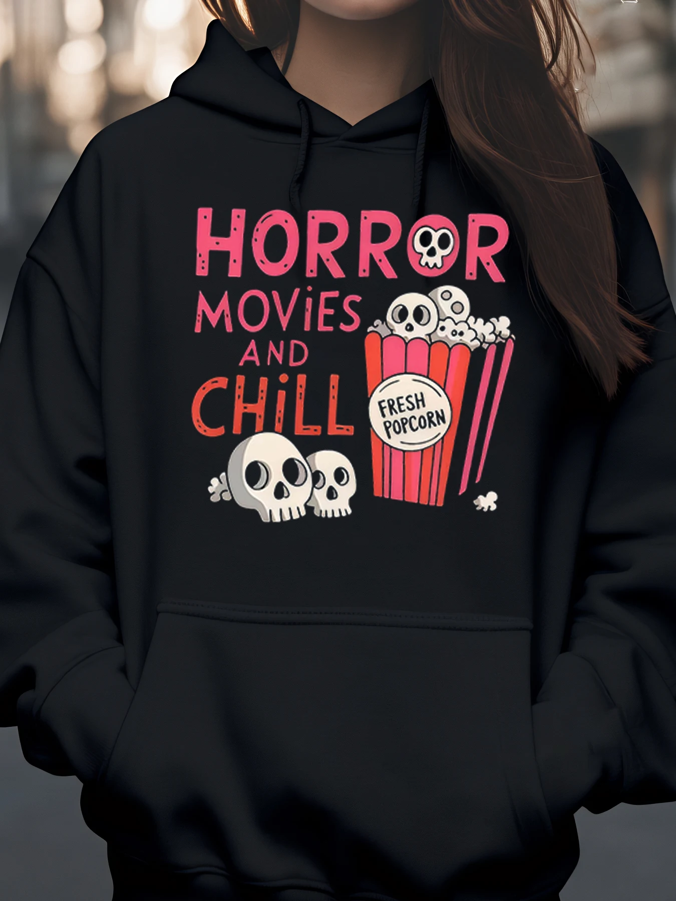 

Толстовка с капюшоном и принтом попкорна из фильмов ужасов и черепа, повседневная одежда на Хэллоуин для женщин