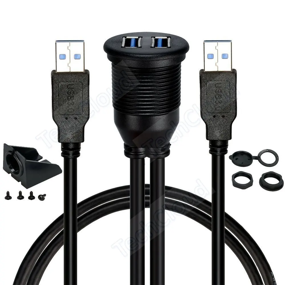 Dual Ports USB 3.0 Panel Flush Mount Extension Cable for Car Truck Boat Motorcycle Dashboard 1m/2m