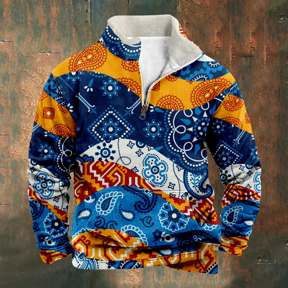 

Patchwork Men's Sweatshirt Vintage Paisley Sweatshirts Blue Yellow Long Sleeve Stand Collar Zipper Casual Pullovers