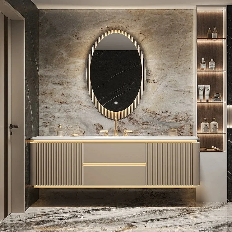 Double basin bathroom cabinet rock slab hot bending integrated basin wash basin cabinet combined oak bathroom washstand cabinet