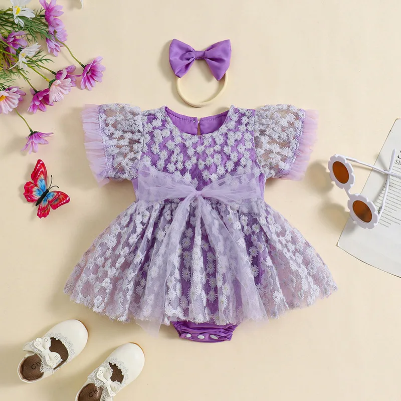 Baby Girls Princess Lace Tie-up Daisy Mesh Rompers Dress Short Sleeve Romper Bow Headband Adorable Outfits Newborn Clothes