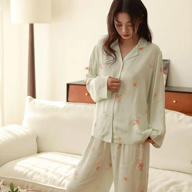 Women Light-Weight Rayon Sleepwear Spring 100% Viscose Full Sleeves Two-Pieces Pajamas Turn-Down Collar Printing Cardigan PYJS