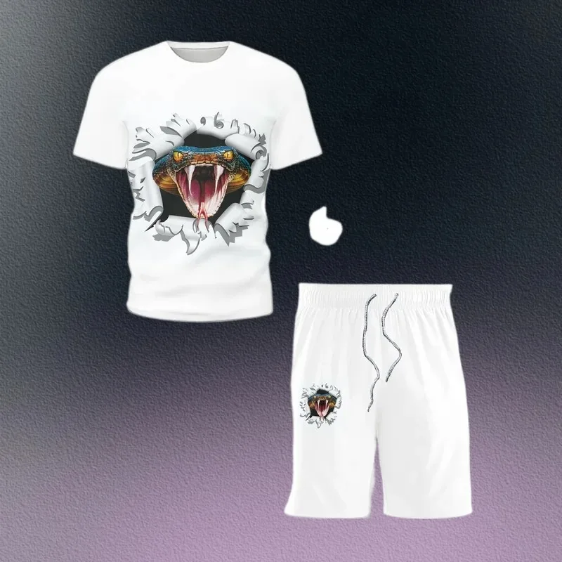2025 Hot Selling Summer Men's 3D Tiger Pattern Round Neck T-shirt Shorts Set Fashionable Casual Wear, Street Wear Sportswear Set
