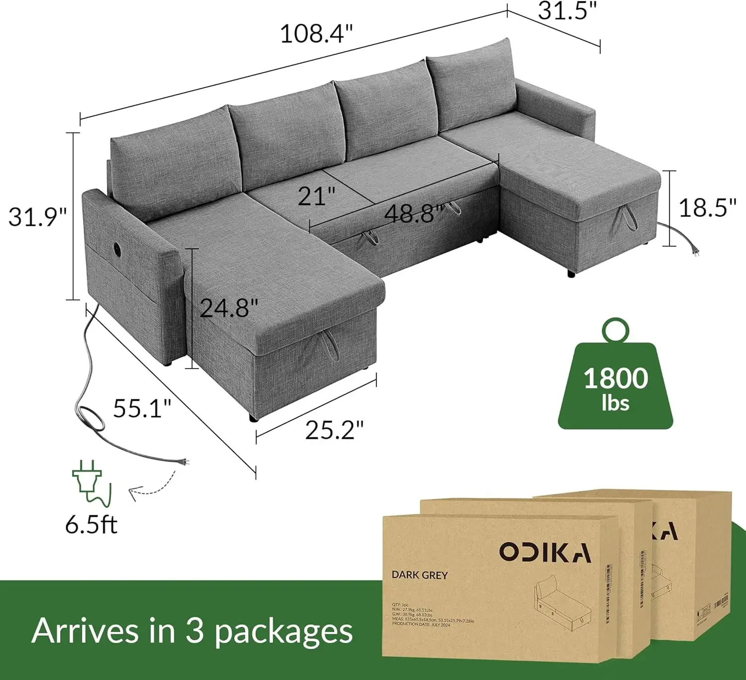 U Shaped Convertible Sleeper Sofa Bed, 108