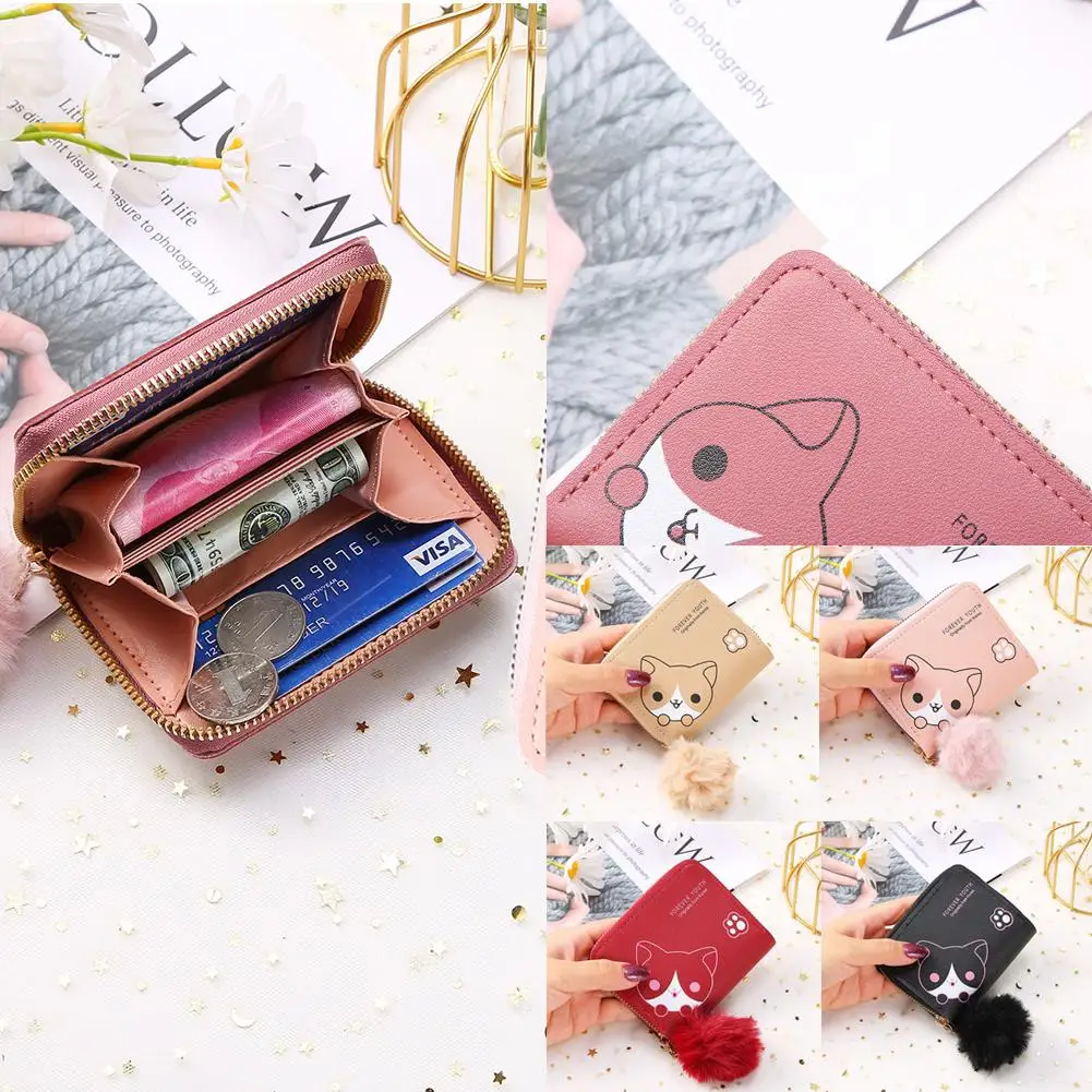 New Women Short Thin Korean Version Cute Cartoon Dog Wallet Bag High-end Wallet Ladies Clutch Leather Small Card Three Fold C5B4