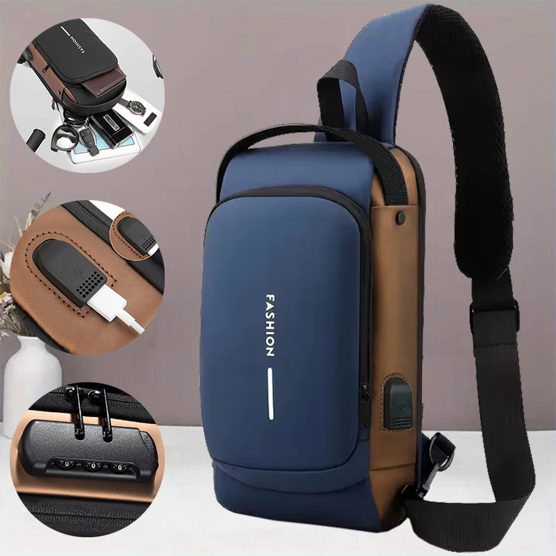 Men Hard Shell Sling Chest Bag, Waterproof Crossbody Shoulder Pack, Trendy Anti-theft Daypack with USB Charging Port