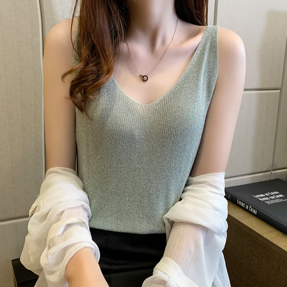 トレンディなカジュアル女性タンクトップニットエレガントなレディースベストスパンコールシルクサテンキャミソール春夏